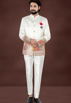 Embroidered Art Silk Jacquard Jodhpuri Jacket in Cream
