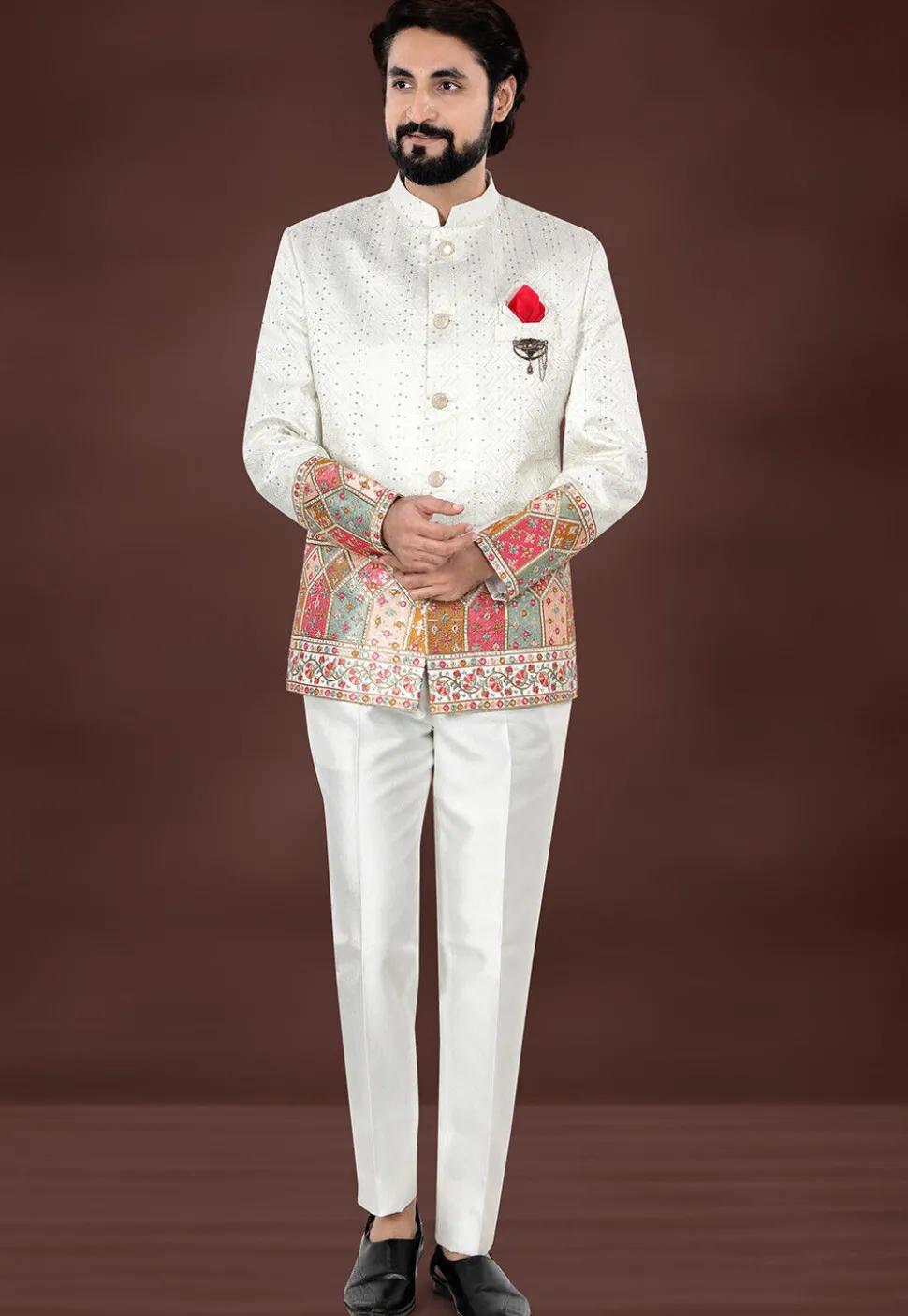 Embroidered Art Silk Jacquard Jodhpuri Jacket in Cream
