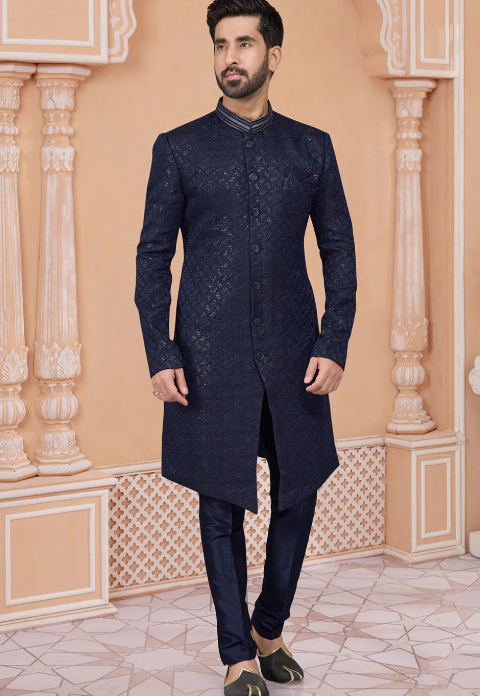 Embroidered Art Silk Jacquard Sherwani in Navy Blue