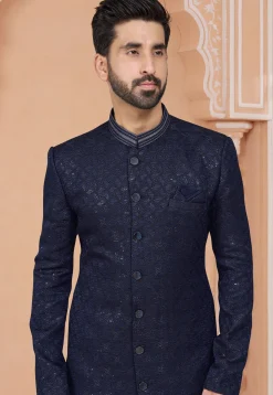 Embroidered Art Silk Jacquard Sherwani in Navy Blue