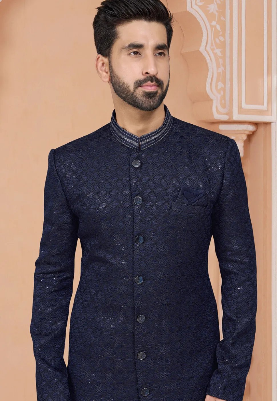 Embroidered Art Silk Jacquard Sherwani in Navy Blue