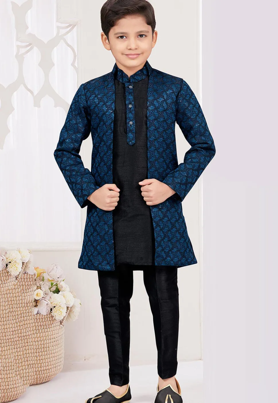 Embroidered Art Silk Jacquard Layered Sherwani in Blue and Black