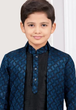 Embroidered Art Silk Jacquard Layered Sherwani in Blue and Black