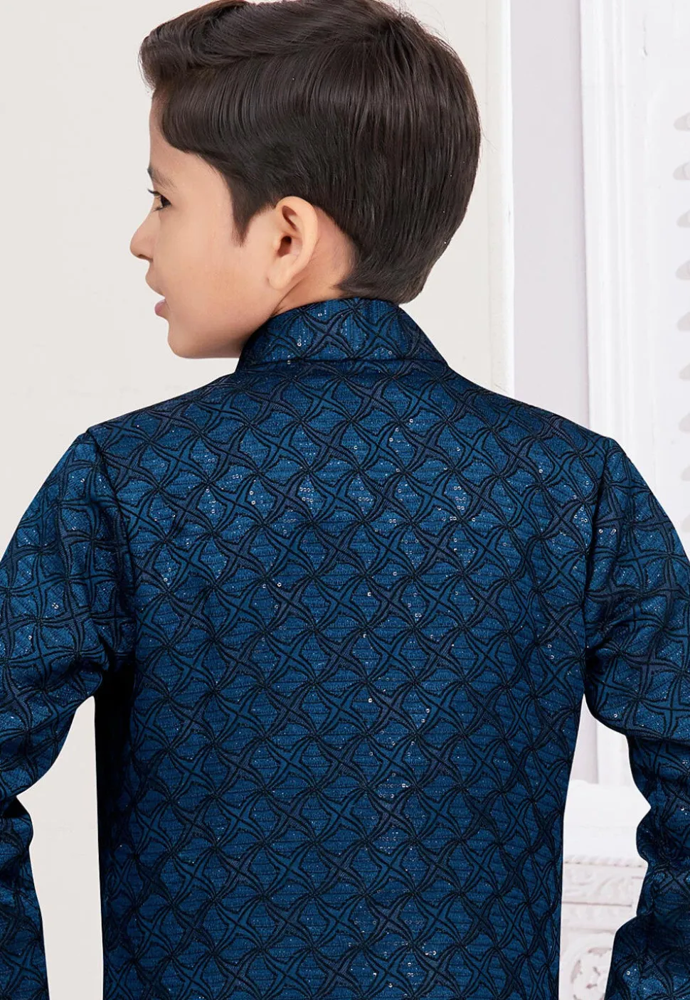 Embroidered Art Silk Jacquard Layered Sherwani in Blue and Black