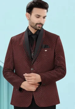 Embroidered Art Silk Jacquard Blazer in Maroon