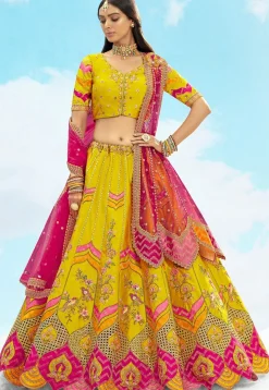 Embroidered Art Silk Jacquard Lehenga in Yellow