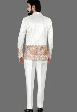 Embroidered Art Silk Jacquard Jodhpuri Suit in Cream