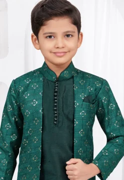 Embroidered Art Silk Jacquard Layered Sherwani in Green