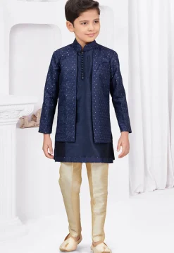 Embroidered Art Silk Jacquard Layered Sherwani in Navy Blue