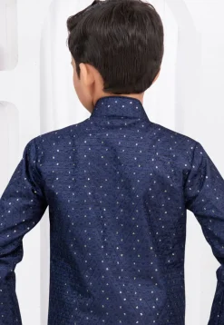 Embroidered Art Silk Jacquard Layered Sherwani in Navy Blue