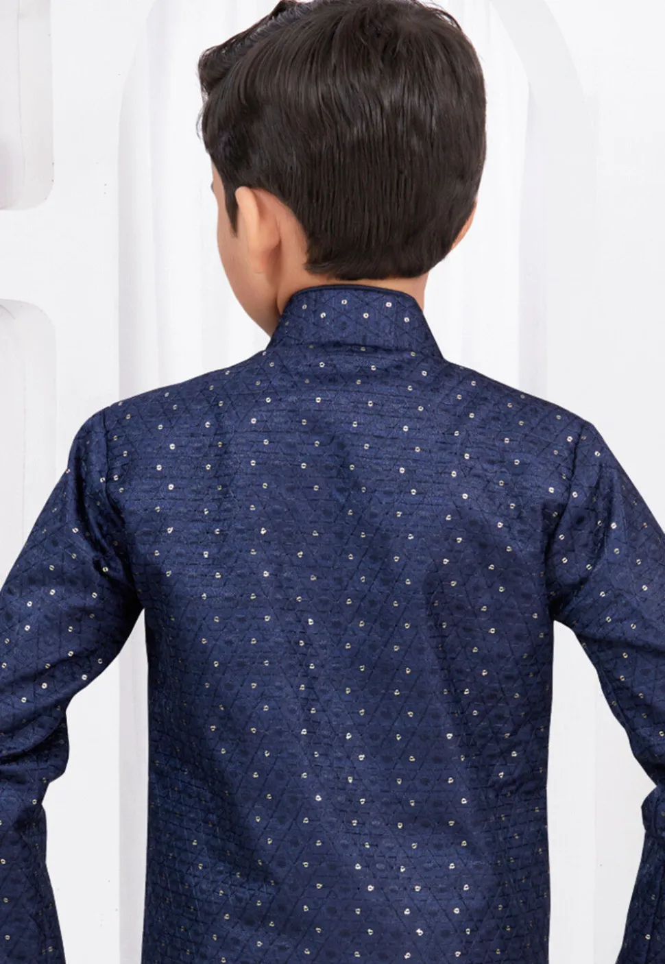 Embroidered Art Silk Jacquard Layered Sherwani in Navy Blue