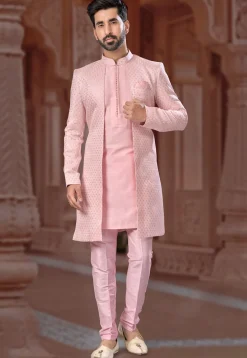 Embroidered Art Silk Jacquard Jacket Style Sherwani in Peach