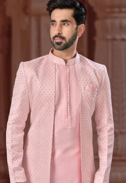 Embroidered Art Silk Jacquard Jacket Style Sherwani in Peach