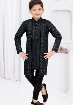 Embroidered Art Silk Jacquard Sherwani in Black