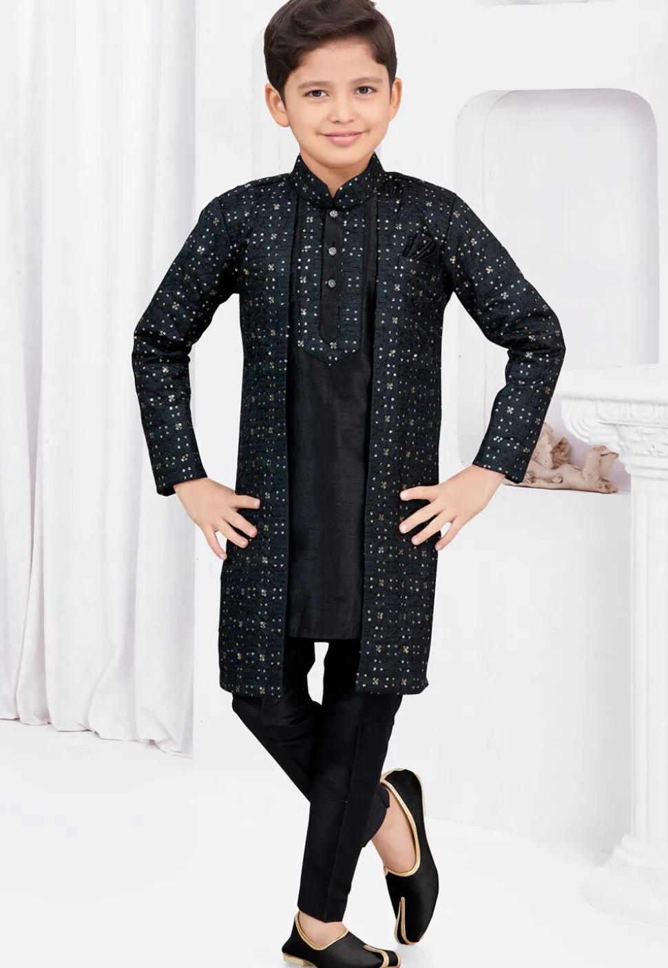Embroidered Art Silk Jacquard Sherwani in Black