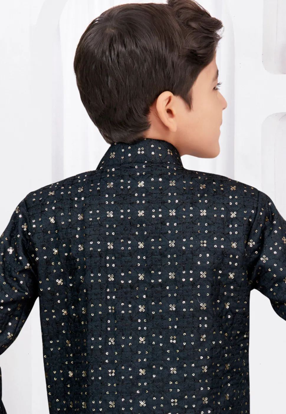 Embroidered Art Silk Jacquard Sherwani in Black