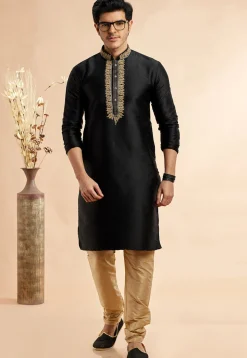 Embroidered Art Silk Jacquard Kurta Set in Black