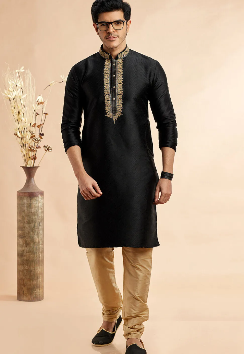Embroidered Art Silk Jacquard Kurta Set in Black