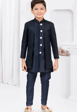 Embroidered Art Silk Jacquard Layered Sherwani in Navy Blue