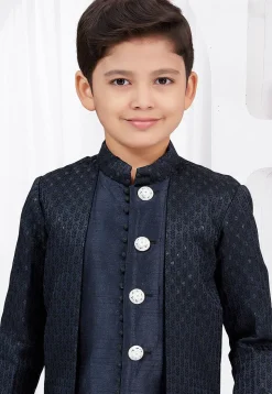 Embroidered Art Silk Jacquard Layered Sherwani in Navy Blue