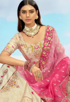 Embroidered Art Silk Jacquard Lehenga in Off White