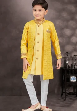 Embroidered Art Silk Jacquard Layered Sherwani in Yellow