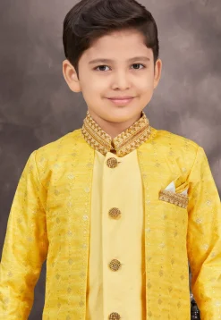 Embroidered Art Silk Jacquard Layered Sherwani in Yellow