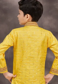 Embroidered Art Silk Jacquard Layered Sherwani in Yellow