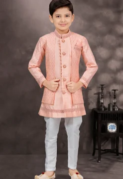 Embroidered Art Silk Jacquard Layered Sherwani in Peach