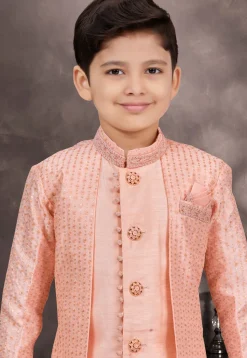 Embroidered Art Silk Jacquard Layered Sherwani in Peach