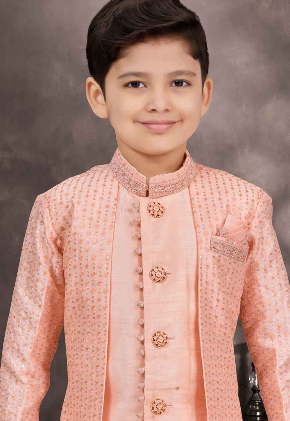 Embroidered Art Silk Jacquard Layered Sherwani in Peach