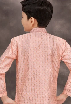 Embroidered Art Silk Jacquard Layered Sherwani in Peach