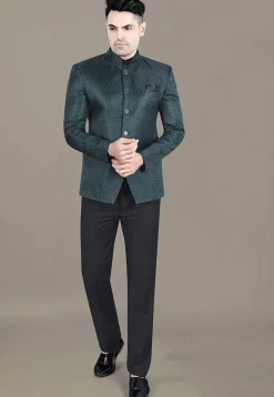 Embroidered Art Silk Jacquard Jodhpuri Suit in Teal Green