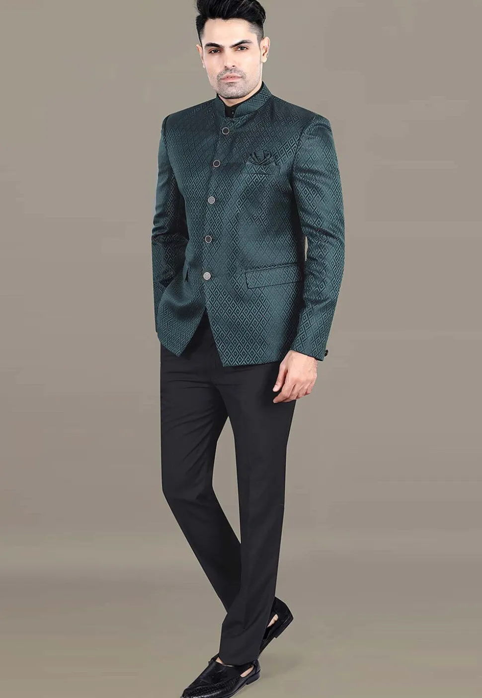 Embroidered Art Silk Jacquard Jodhpuri Suit in Teal Green