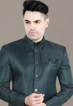 Embroidered Art Silk Jacquard Jodhpuri Suit in Teal Green