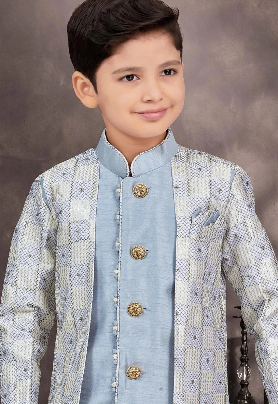 Embroidered Art Silk Jacquard Layered Sherwani in Sky Blue and Grey