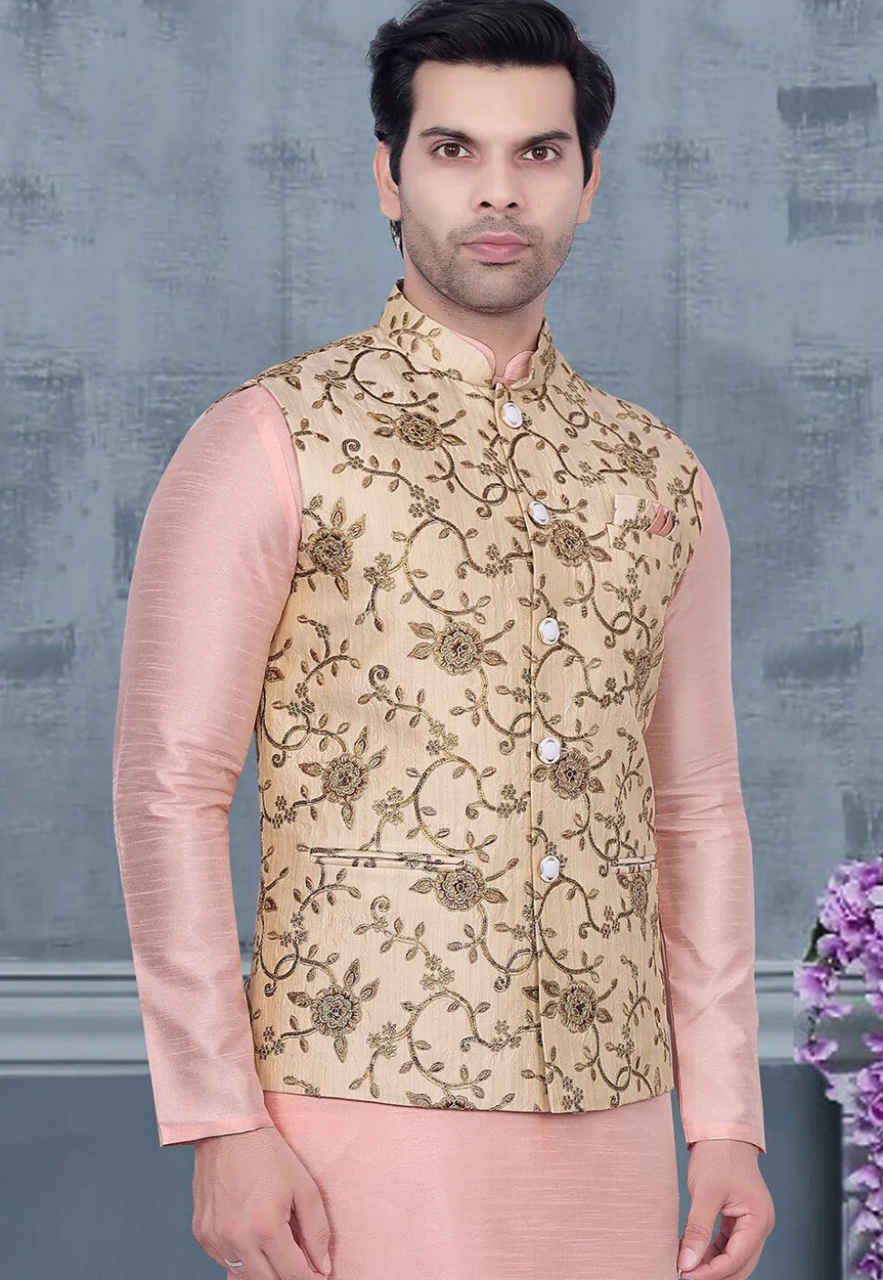 Embroidered Art Silk Jacquard Nehru Jacket in Beige