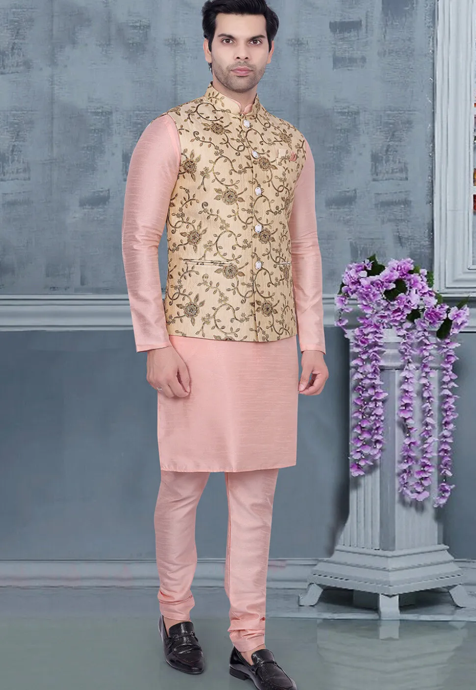 Embroidered Art Silk Jacquard Nehru Jacket in Beige