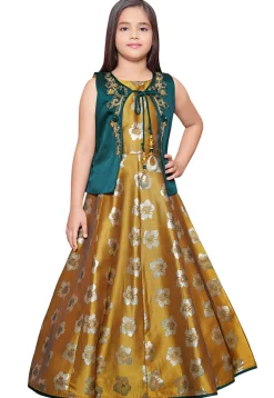 Embroidered Art Silk Jacquard Gown in Old Gold