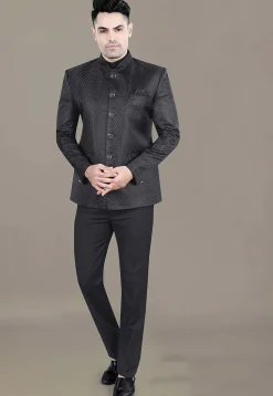 Embroidered Art Silk Jacquard Jodhpuri Suit in Black