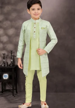Embroidered Art Silk Jacquard Layered Sherwani in Sea Green