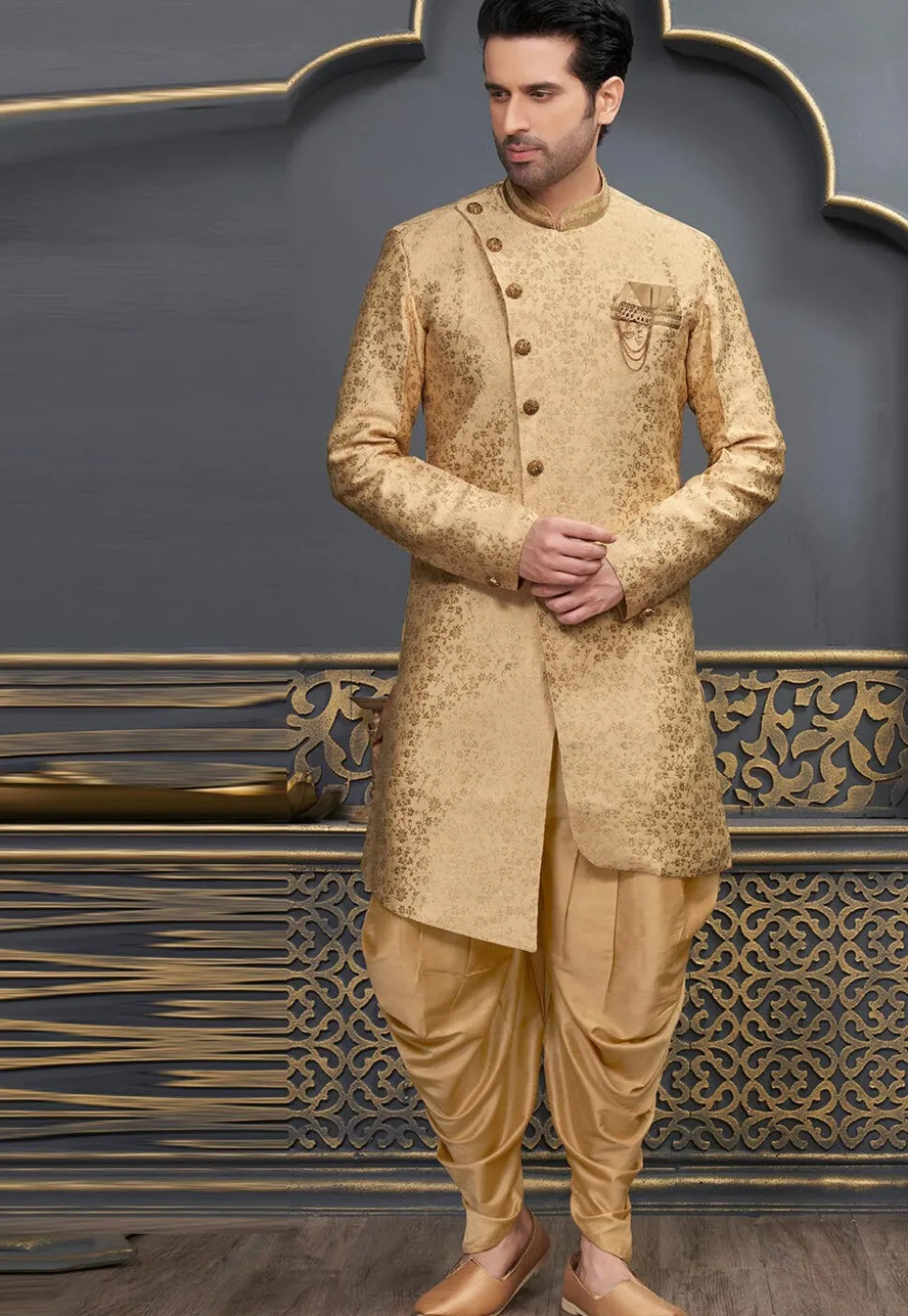 Embroidered Art Silk Jacquard Dhoti Kurta in Golden