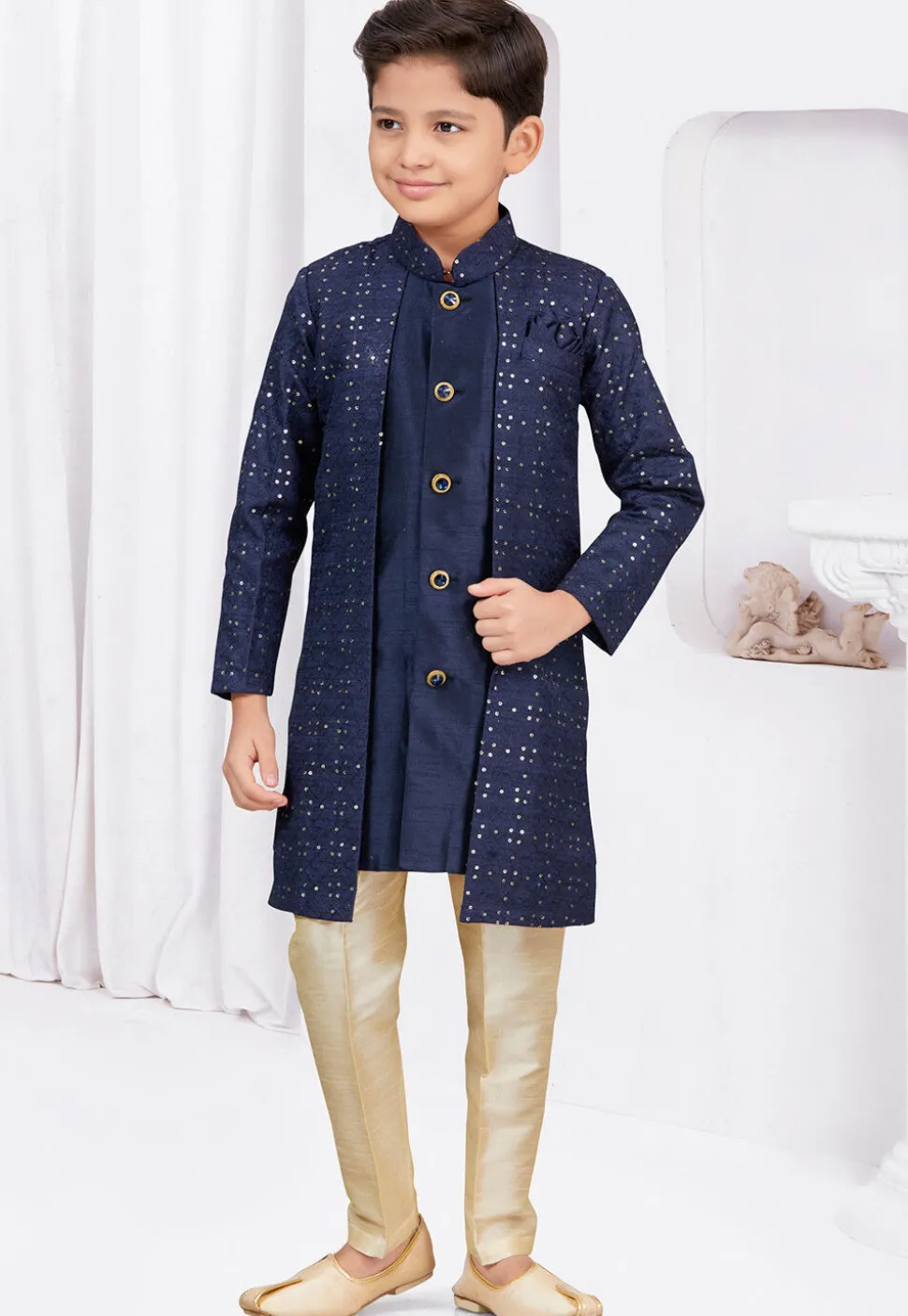 Embroidered Art Silk Jacquard Layered Sherwani in Navy Blue