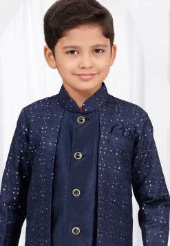 Embroidered Art Silk Jacquard Layered Sherwani in Navy Blue