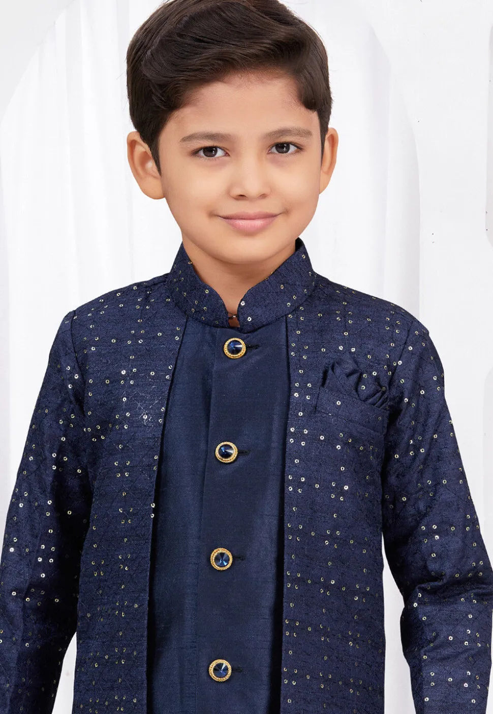 Embroidered Art Silk Jacquard Layered Sherwani in Navy Blue