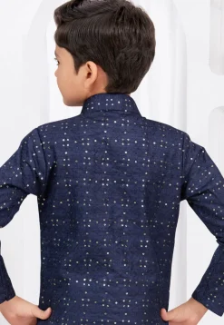 Embroidered Art Silk Jacquard Layered Sherwani in Navy Blue