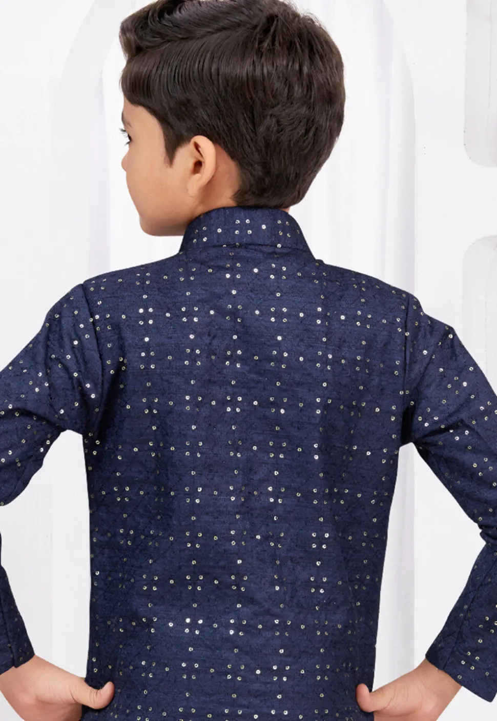 Embroidered Art Silk Jacquard Layered Sherwani in Navy Blue