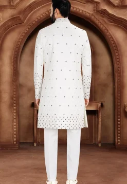 Embroidered Art Silk Jacquard Sherwani in Off White