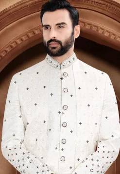Embroidered Art Silk Jacquard Sherwani in Off White