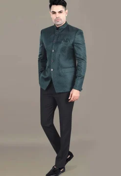 Embroidered Art Silk Jacquard Jodhpuri Jacket in Teal Green